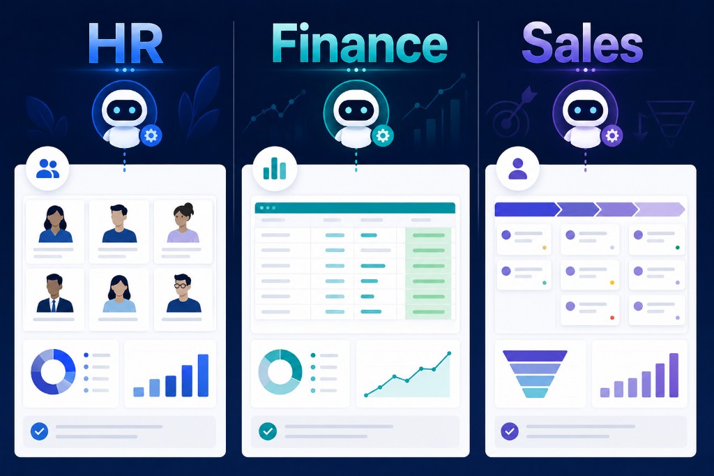 AI agents configured differently for HR, Finance, and Sales departments