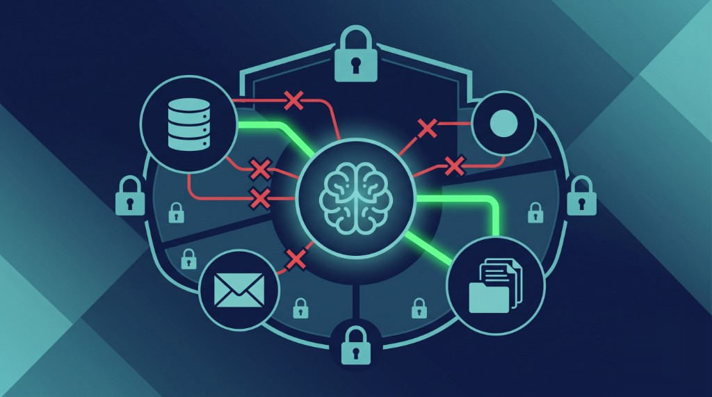 Diagram showing an AI agent hub with approved data paths and blocked connections protected by locks and a shield