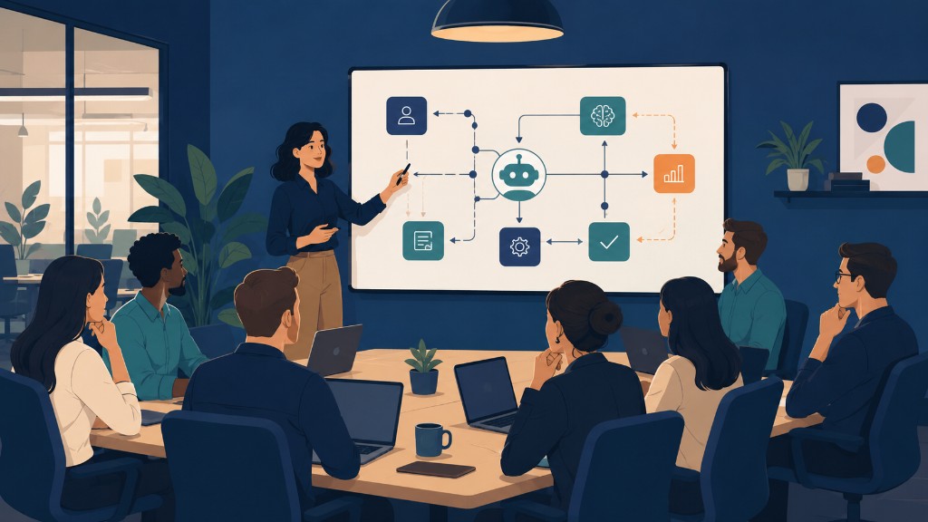 Facilitator leading a hands-on AI agent workshop with a small enterprise team around a conference table
