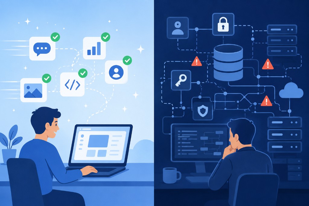Split view: fast AI-assisted prototyping on one side, production complexity with auth and infrastructure on the other