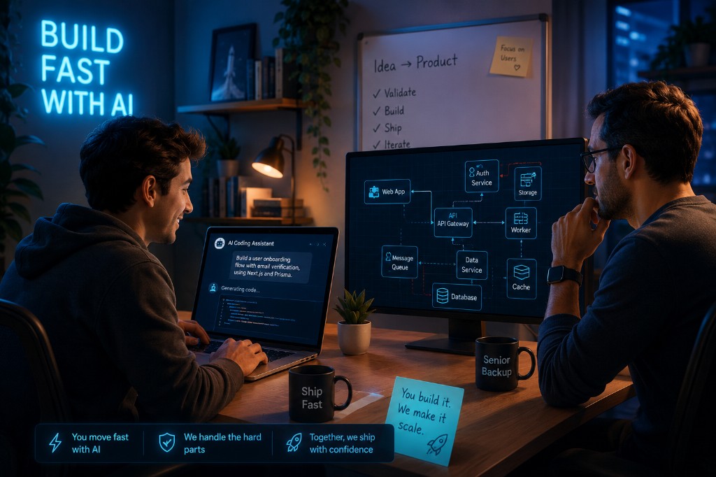 Non-technical founder building with AI alongside a senior tech lead reviewing architecture on a shared screen