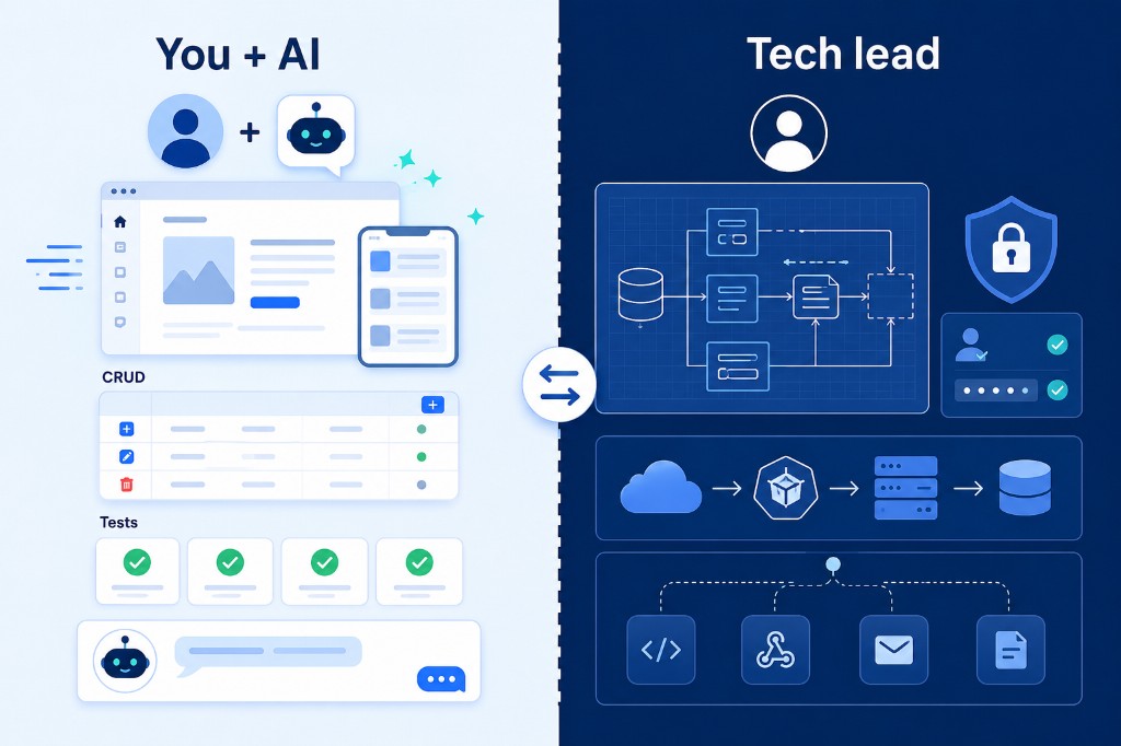 Diagram showing founder with AI handling product features while senior tech lead owns architecture, infrastructure, and complex code paths